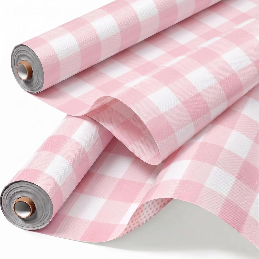 Kolldenn 2 Rolls 4 x 12 ft Pink Gingham Bulletin Board Fabric Roll Large Reusable Non Woven Bulletin Board Paper Waterproof Erasable Background for Classroom School Chalkboard Wrapping Craft DIY Decor, 48 x 144 inches