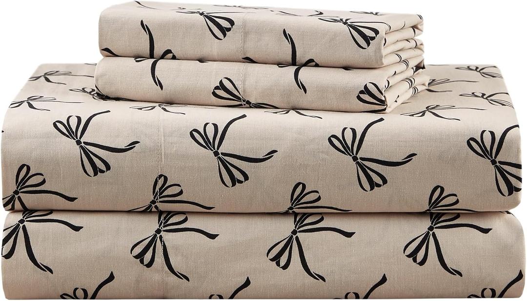 Comfort Spaces 100% Cotton Sheets Full, Breathable, Naturally Cool Cotton Sheets, Soft Cotton Bed Sheets with 14" Elastic Pocket Fits up to 16" Mattress, All Seasons Sheet Set, Bow Black/Taupe 4 Piece