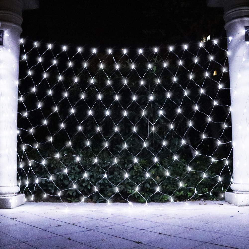 Net Light Outdoor Mesh Christmas Decorations, 100LED String Light Plug in Connectable Tree Warp Hanging 5ft x 5ft for Halloween, Shrubs, Lawn, Backyard, Walkway, Bushes, Garden Decor-White