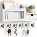 FifthQuarter Key and Mail Holder for Wall, Mail Organizer Wall Mount with 6 Hooks and Storage Drawer, Easy Installation Key Rack for Entryway and Home Decor (B-White)