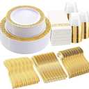 WELLIFE 350Pcs Gold Dinnerware Sets, Plates and Napkins Party Supplies Include:50 Dinner Plates, 50 Dessert Plates, 50 Paper Napkins, 50 Cups, 50 Gold Plastic Cutlery Set