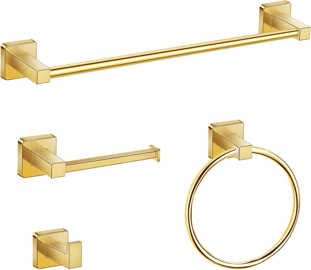 DEGULAS Bathroom Hardware Set 4 Pieces, Stainless Steel Gold Towel Bar Set, Includes 24In Towel Bar, Towel Ring, Robe Towel Hooks,Toilet Paper Holder, Bathroom Towel Rack Set