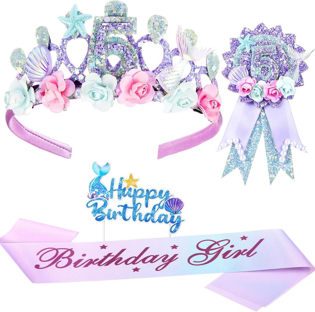 4 Pack Mermaid 5th Birthday Decorations 5th Birthday Crown Headdress Ribbon Starfish Shell Mermaid Tail Cake Decoration Gift