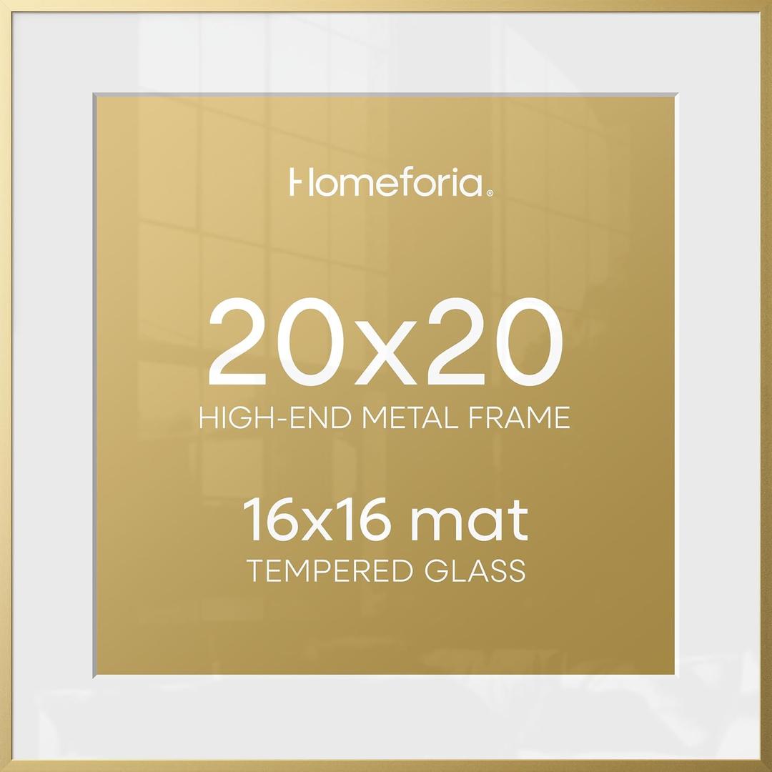 Homeforia 20x20 Picture Frame Gold, High End Metal 20 x 20 Square Poster Frame with Mat 16 x 16 Photo, 20x20 Frame Matted to 16x16 Print, 20by20 Gold Hanging Frames, Tempered Glass, Wall Kit, Set of 1