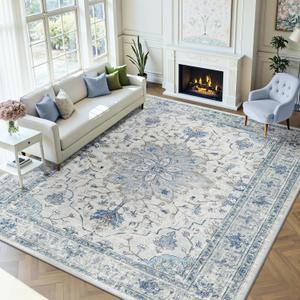 Area Rugs 9'x12' Washable Non-Slip, Floral Vintage Distress Print Pattern Medallion Carpet for Living Room Bedroom Dining Room, Light Blue Navy Beige Gray White