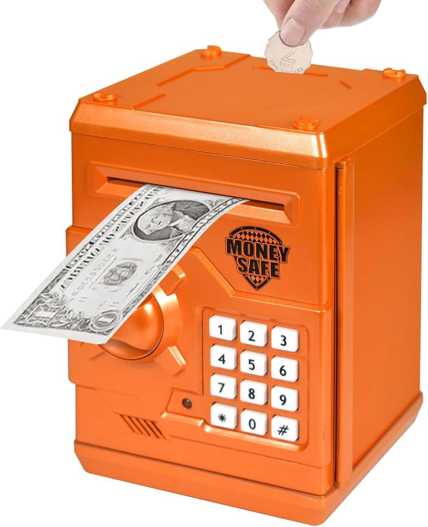 Piggy Bank Electronic Mini ATM for Kids Baby Toy, Safe Coin Banks Money Saving Box Password Code Lock for Children,Boys Girls Best Gift (Orange)
