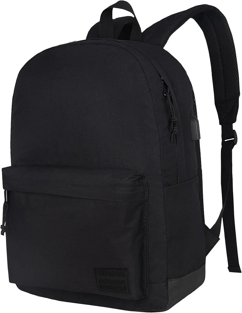 SUPACOOL Casual Laptop Backpack for Men and Women, Work backpack, Black Backpacks, College School Backpack for Boys and Girls, USB Charging Port, Lightweight Travel Back Pack(Black)