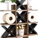 GENMOUS Handmade Tic Tac Toe Toilet Paper Holder Stand with 4pcs Wooden X, Funny Wall Mounted Toilet Papers Storage with Shelf, Farmhouse Paper Roll Storage for Guest Bathroom or Toilet Dcor (Brown, Black)