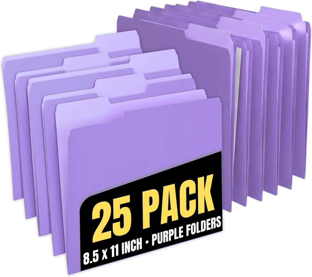 1InTheOffice Purple File Folders, 1/3 Cut Tabs, Letter Size, Violet, 25-Pack