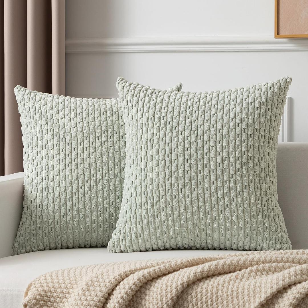 Kevin Textile 2 Packs Light Green Decorative Throw Pillow Covers 20x20 Inch for Living Room Couch Bed Sofa Spring Soft Striped Corduroy Square Cushion Case 50x50 cm Rustic Farmhouse Boho Home Decor
