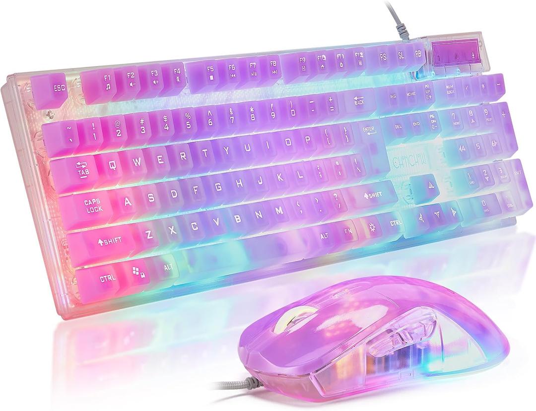 CHONCHOW LED Gaming Keyboad and Mouse Combo, Transparent RGB Rainbow Backlit Keyboard, 104 Keys Anti-ghosting USB Wired Silent Keyboard, 7 Color RGB Gaming Mouse for PC Laptop Xbox PS4 Gamers and Work