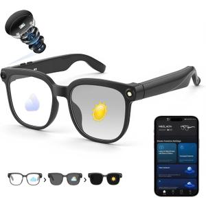 AI Smart Glasses with Camera, 8MP 4K/1080P Video Recording Glasses, Real-Time Translation, AI Voice Assistant & Object Recognition, Open-Ear Audio, Photochromic UV400 Lenses for Travel & Business