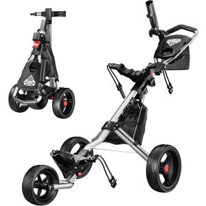 Alllion Golf Push Cart 3 Wheel, Golf Cart Foldable, Multiple Functions Golf Bag Cart for All Ages with Adjustable Handle - Lightweight & Easy Fold Design for Easy Transportation - 12lbs (Silver)