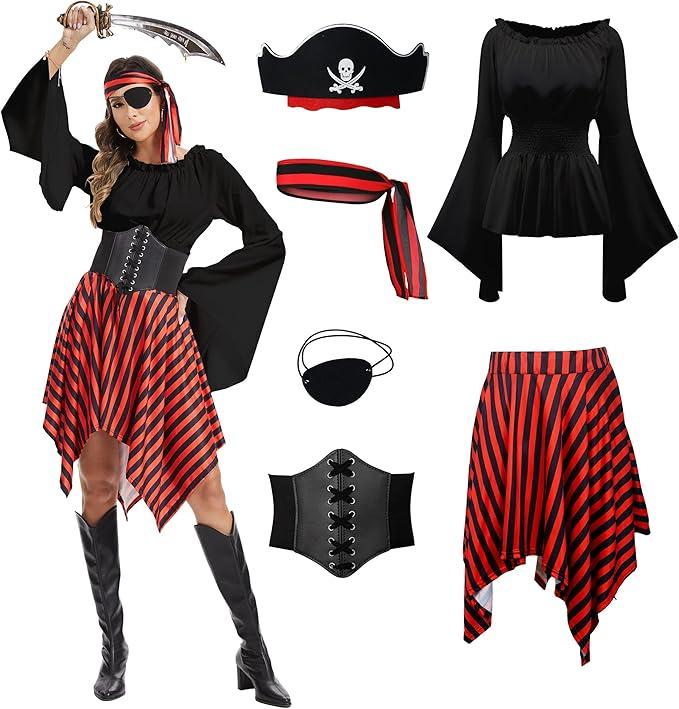 Womens Pirate Costume Renaissance Shirt Dress with Head Scarf Waist Belt Medieval Costume Accessory Sets, XL