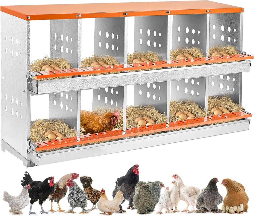 Nesting Boxes for Chickens, 10 Compartment Chicken Nesting Box with Automatic Egg Collection, Chicken Coop Accessories Galvanized Steel, Roll Away Nesting Box for Chickens, Hens, Ducks (Orange)