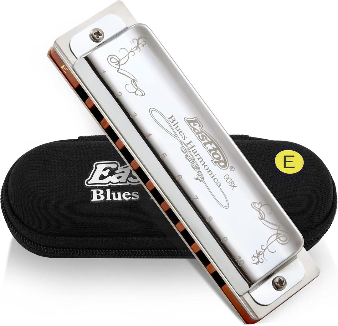 East top Blues Harmonica Key of E, 10 Holes 008K Diatonic Blues harp Mouth Organ Harmonica with Silver Cover, Standard Harmonicas For Adults, Professionals and Students