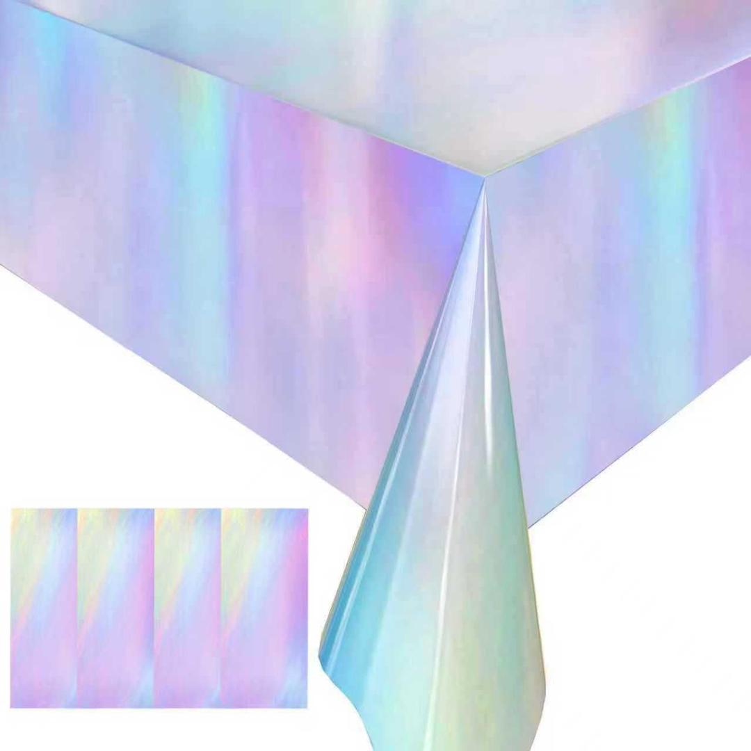 4 Pack Iridescent Plastic Tablecloths Disposable Table Cover Sparkly Foil Table Cloth for Rectangle Tables Party Decorations Birthday Princess Bridal Wedding Christmas Iridescence, 54 x 108 Inch (Shiny Silver)