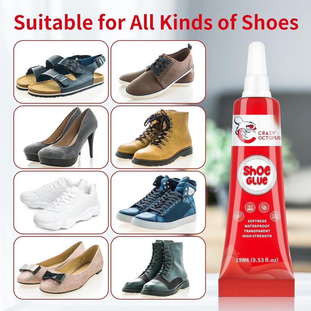 Shoe Glue, Strong, Clear Shoe Repair Glue for Sneakers, Boots, Handbags, Soles, Heels, Works on Leather, Rubber, Canvas, 15ml Tube