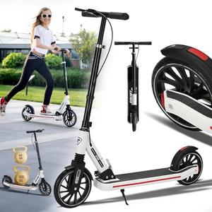 CUIOT Commuter Adult Scooter 330 lbs Capacity, 8IN Solid Tires Big Wheels Scooters, 3 Handle Height Adjustable Levels, with Double Braking System, Foldable Scooter,Kick Scooter for Ages 6+,White