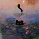 Framed Funny Black Cat Canvas Wall Art Picture Black Cat in the Pink Water Lily Evening Painting Vintage Preppy Aesthetic Animal Posters Prints for Living Room Bedroom Bathroom Decor 16x24-Inch