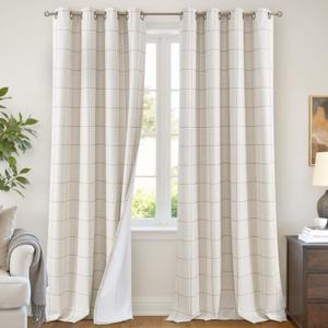 Lajode Plaid Curtains Pattern Printed 90 Inches Long - Total Linen Blackout Curtains for Living Room, Boho Cottage Core Grommet Drapes for Farmhouse Thermal Drapery 52x90 Inch 2 Panels, Natural