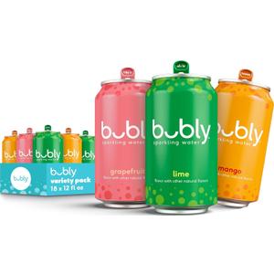 bubly Sparkling Water, Tropical Thrill 3 Flavor Variety Pack (Lime, Grapefruit, Mango), Zero Sugar & Zero Calories, Seltzer Water, 12 Fl oz Cans (Pack of 18) (EXP 12/14/26)