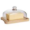 RingsTown Butter Dish with Lid, Featuring a Glass Lid with Handle, Bamboo Base, Ideal for Serving Small Snacks, Cakes, and Dry Cheese. Ideal for Kitchen, for Countertop/Dining Table.