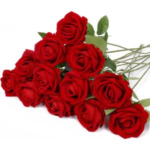 Red Artificial Rose Flowers, 12 Pcs Silk Roses with Long Stems, Realistic Fake Roses for Wedding Centerpiece Party Home and Office DIY Decor