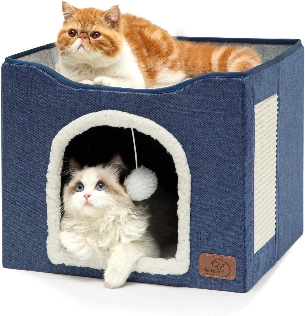 Bedsure Cat Beds for Indoor Cats - Large Cat Cave for Pet Cat House with Fluffy Ball Hanging and Scratch Pad, Foldable Cat Hideaway, 16.5x16.5x13 inches, Blue (Single)