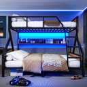 KEIKI Queen Over King Bunk Bed, Heavy Duty Metal Bunkbed with Storage Shelves, Lights, Bottom Space & Guardrail for Aldults Dorm Bedroom Guest Room, No Box Spring Needed, Noise-Free Design