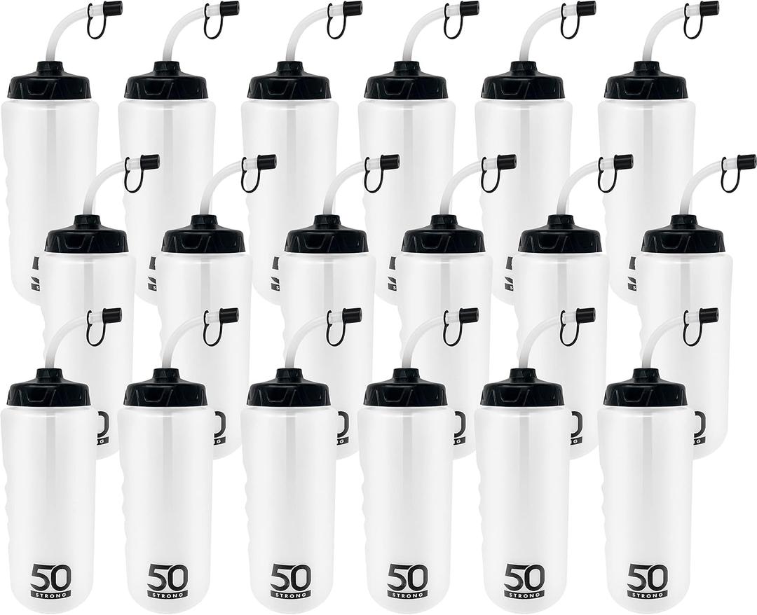 50 Strong 1 Liter Water Bottle with Straw 18-Pack Easy-Squeeze Sports Bottles with Long Straw & Built-In Finger Grip BPA-Free & Made in USA Ideal for Hockey & Team Sports