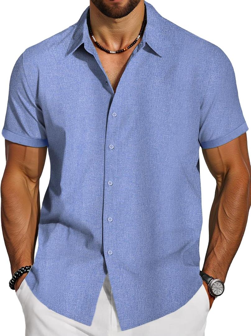 Button Down Shirt Men Hawaiian Shirts Short Sleeve Untuckit Fitted Casual Linen Shirt Beach Wear Vacation Hawaiian Tropical Summer Outfits Blue X-Large