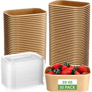 Maxdot 50 Pack Disposable Food Containers with Lids Paper Food Containers Bowls for Meal Prep, Salad, Ice Cream, Yogurt, Soup Bowls Party Leftover Box(29 oz) (Brown)