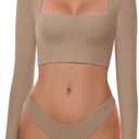 Cyanstyle Women's Sexy Square Neck Crop Tops Double Lined Long Sleeve Y2K Going Out T Shirts L