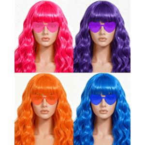 Long Curly Wig with Heart Sunglasses and Hair Cap  Set of 4 | Colorful Colored Party Wigs Funny Costume Hairpieces for Cosplay