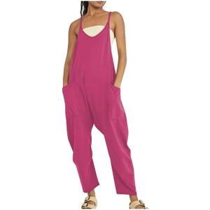Rompers for Women Casual Summer Jumpsuits Sleeveless Loose Spaghetti Strap Overalls Jumpers (Pink)