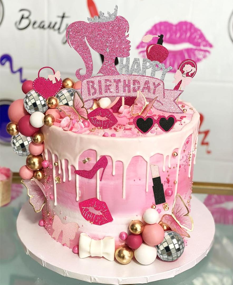 JeVenis Birthday Cake Decoration - Pink Girls Decoration with Balls, Palm Leaves, Heels, Lipstick Bags & Cake Topper for Birthday, Bridal & Baby Showers