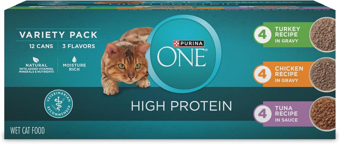 Purina ONE Natural, High Protein Cat Food Variety Pack, Turkey, Chicken and Tuna Recipes - (2 Packs of 12) 3 oz. Cans (EXP 05/01/28)
