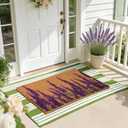 2 PCS Lavender Floral Welcome Door Mat Set, 17"x30" Coir Doormat with Non-Slip Backing & Green White Striped Mat, Farmhouse Spring Doormat for Front Porch, Patio, Entryway Spring Home Decor