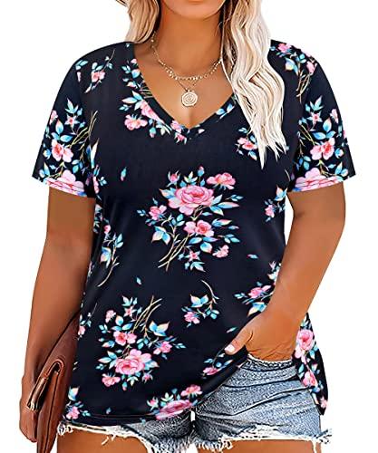CARCOS Floral Plus Size Tops Womens Short Sleeve Summer T-Shirts V Neck Basic Black Shirts Casual Blouses 2XL 18W 20W