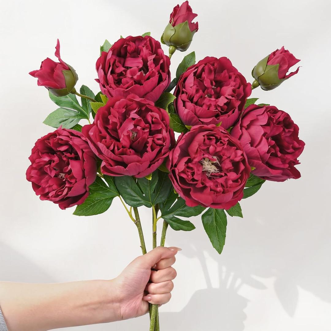 MARTINE MALL 3PCS Real Touch Peonies Artificial Flowers, 22in Burgundy Fake Peonies Artificial Peonies Flowers Latex Large Faux Peony Flowers for Centerpiece Table Wedding Party Home Decor