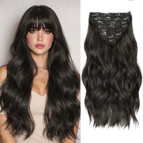 Hair Extensions Clip Ins, 8PCS 20 Inch Natural Black Clip in Hair Extensions, Synthetic Long Wavy Curly Hair Extension, Full Head Thick Hairpieces for Women