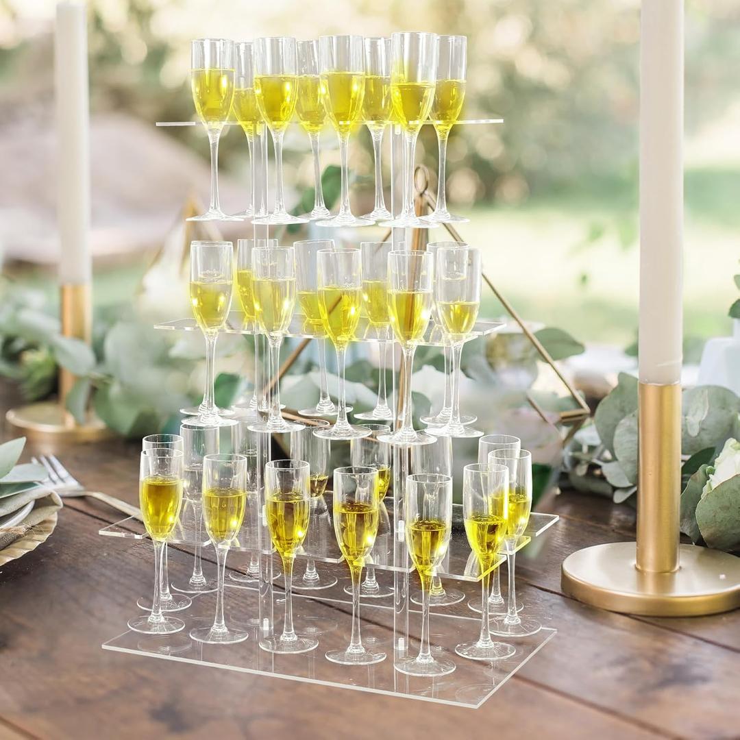 Champagne Tower,Champagne Display Holder Stand for Party With 32 Slots,3 Tier Acrylic Floating Sight Champagne Flute Holder with Led Light for Party,Wedding Measures 20" x 12" x 26"