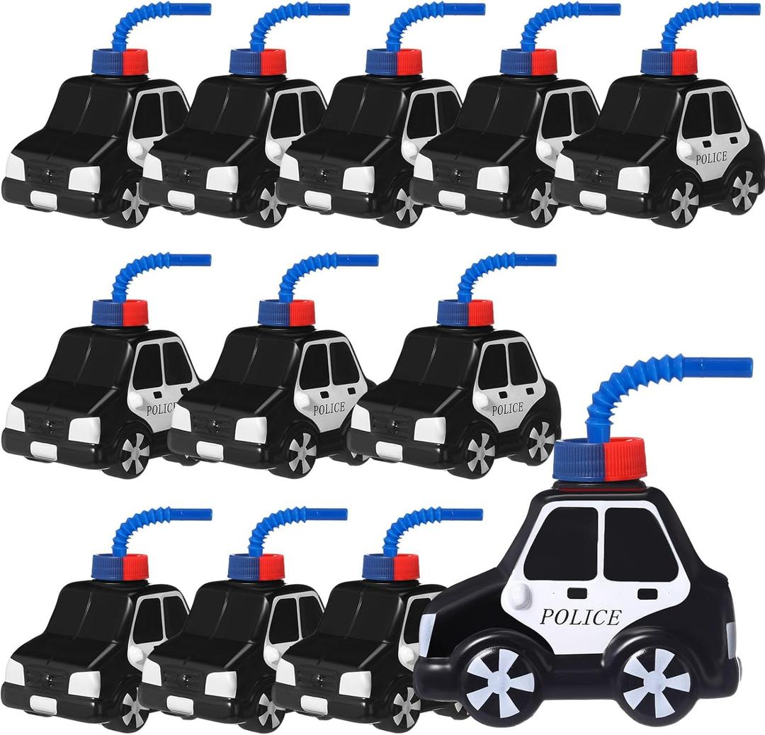 Tanlade 12 Set Police Car Cups with Straws, Police Birthday Party Decoration for Kids,10oz Plastic Transportation Shape Cup Reusable Traffic Vehicle Birthday Party Favor for Car