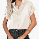 Zeagoo Silk Blouse for Women Short Sleeve Satin Button Down Shirts Casual Loose V-Neck Business Work Tunic Top Size S