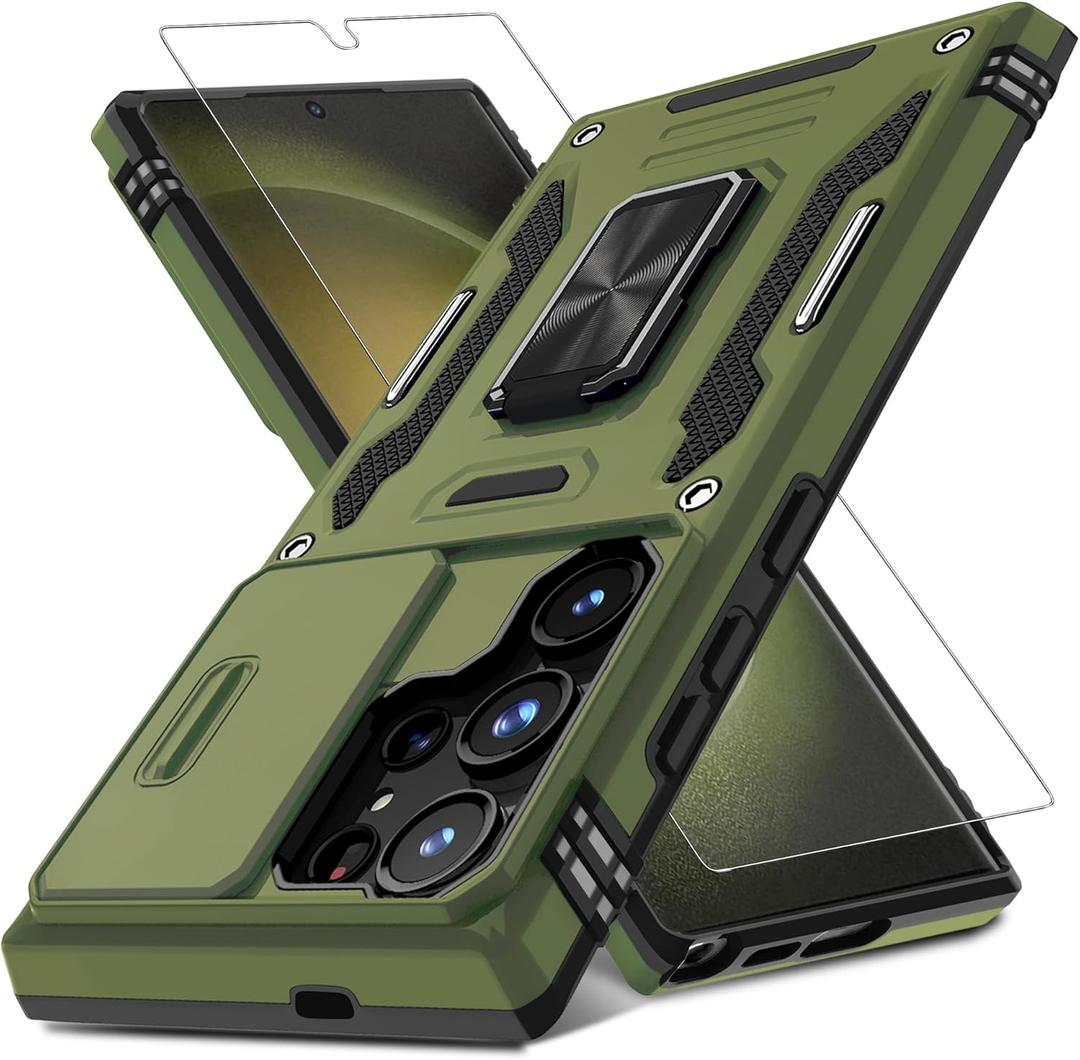 DEERLAMN Case for Samsung Galaxy S24 Ultra with Slide Camera Cover+Screen Protector (1 Pack), Rotated Ring Kickstand Military Grade Shockproof Protective Cover-Olive Green (S24 Ultra-6.8 Inch)