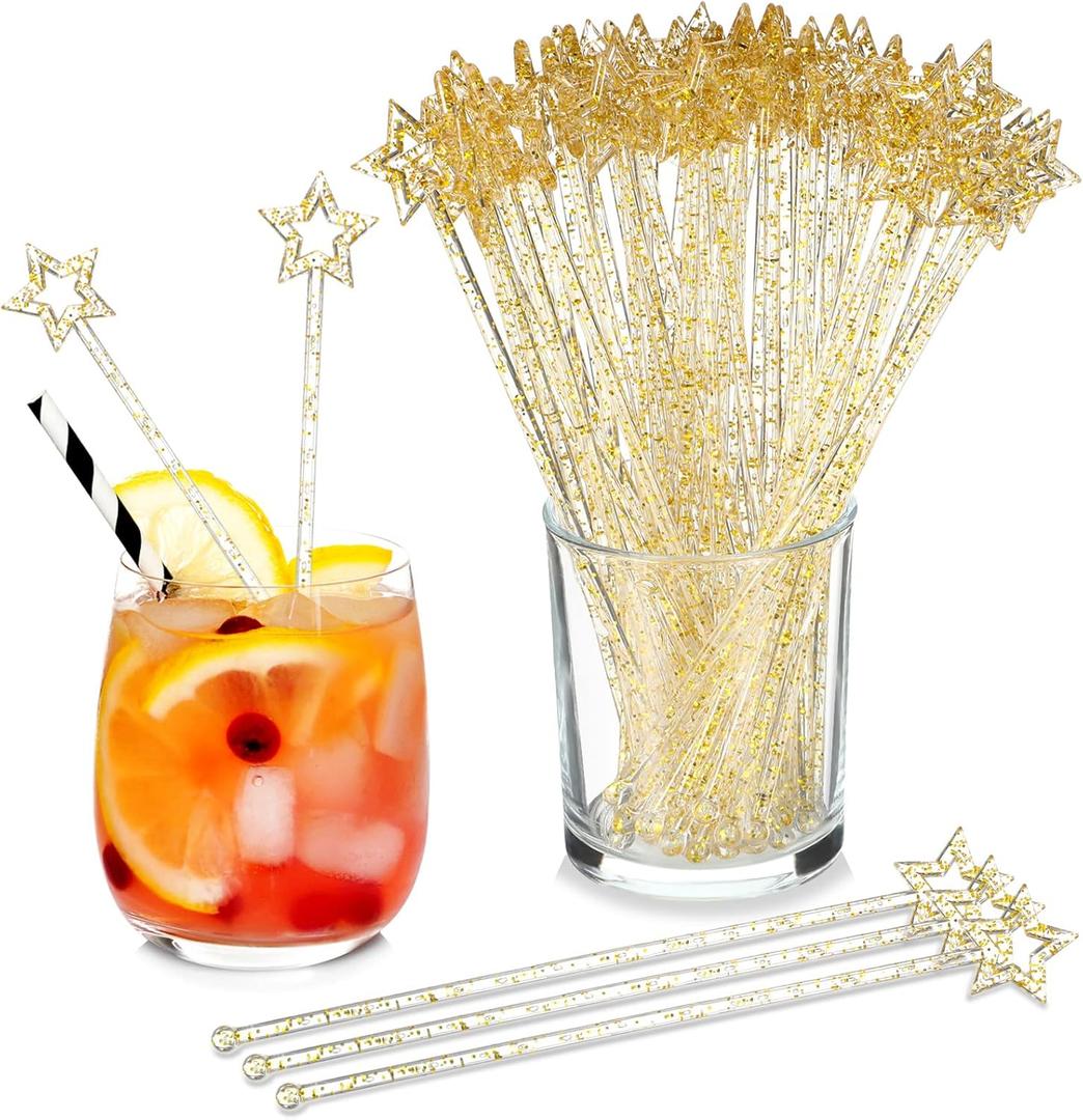 Zubebe 240 Pcs Cocktail Swizzle Sticks Plastic Drink Stirrers Glitter Star Top Stir Disposable Cocktail Coffee Drink Sticks Crystal Cake Pops, 7.28 Inch(Gold)