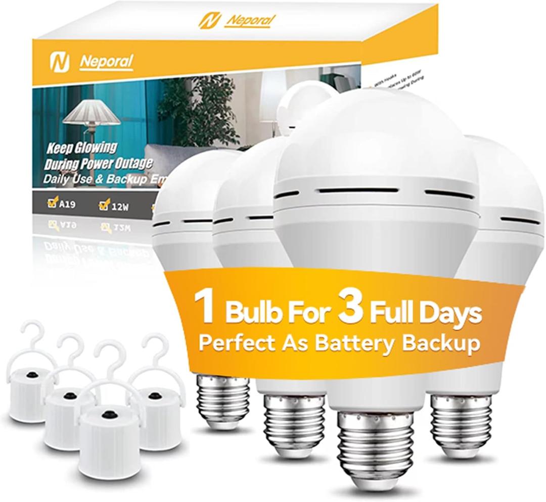 Neporal Emergency-Rechargeable-Light-Bulb, Stay Lights Up When Power Failure,15W 80W Equivalent LED Light Bulbs for Home, Camping, Tent (Daylight, 4 Pack 2600mAh)