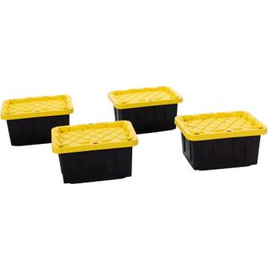 Plastic 5-Gallon Storage Tote with Lockable Lid, Stackable Tough Regular-Duty Bin for Garage, Tools, and Home Organization (4-Pack) - Black and Yellow