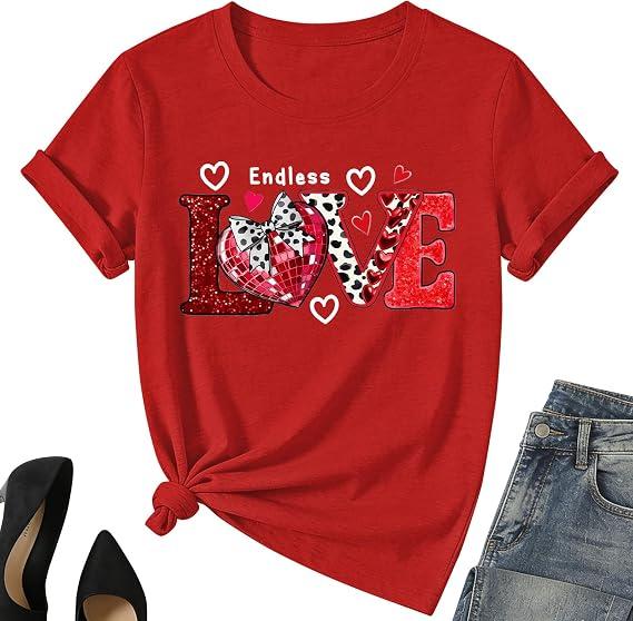 Valentine Day Girl Love Heart Shirt – Kids Valentine Day Cute Cat Short Sleeve Love Heart Boy Tee Top (Red, M)